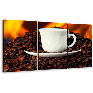 Cup Saucer Canvas Wall Art, Brown Coffee Beans 3 Piece Multi Canvas, White Coffee Cup Canvas Print