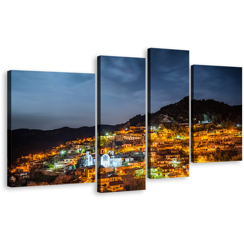 Cyprus Mountains Canvas Wall Art, Orange Town Lights Mountains 4 Piece Canvas Print, Grey Sky Troodos Mountains Canvas Set