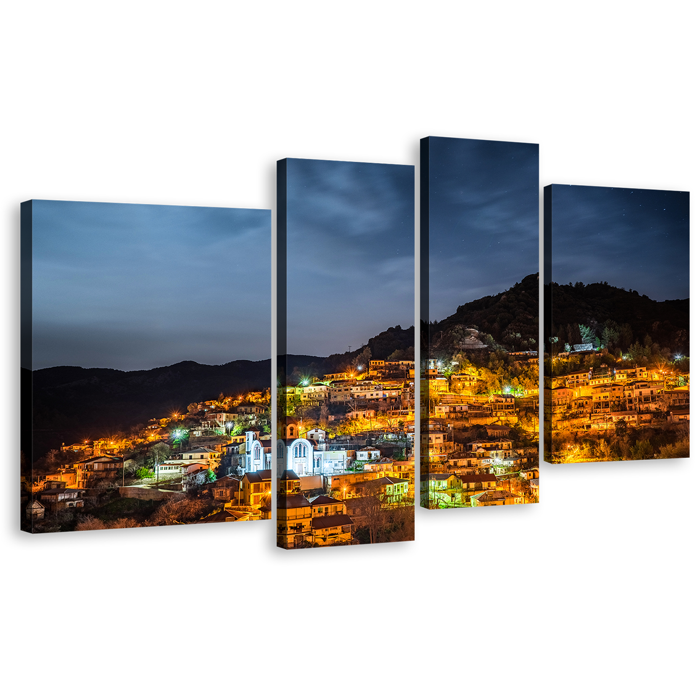 Cyprus Mountains Canvas Wall Art, Orange Town Lights Mountains 4 Piece Canvas Print, Grey Sky Troodos Mountains Canvas Set