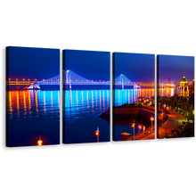 Load image into Gallery viewer, Dalian Bridge Canvas Print, Blue City Bay Cross-Sea Bridge with Orange Night Lights Reflection 4 Piece Canvas Wall Art
