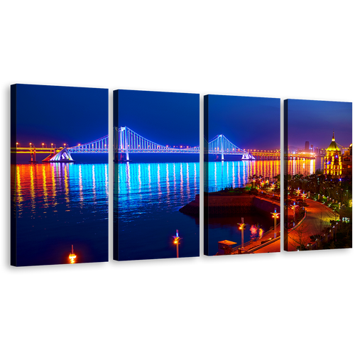 Dalian Bridge Canvas Print, Blue City Bay Cross-Sea Bridge with Orange Night Lights Reflection 4 Piece Canvas Wall Art