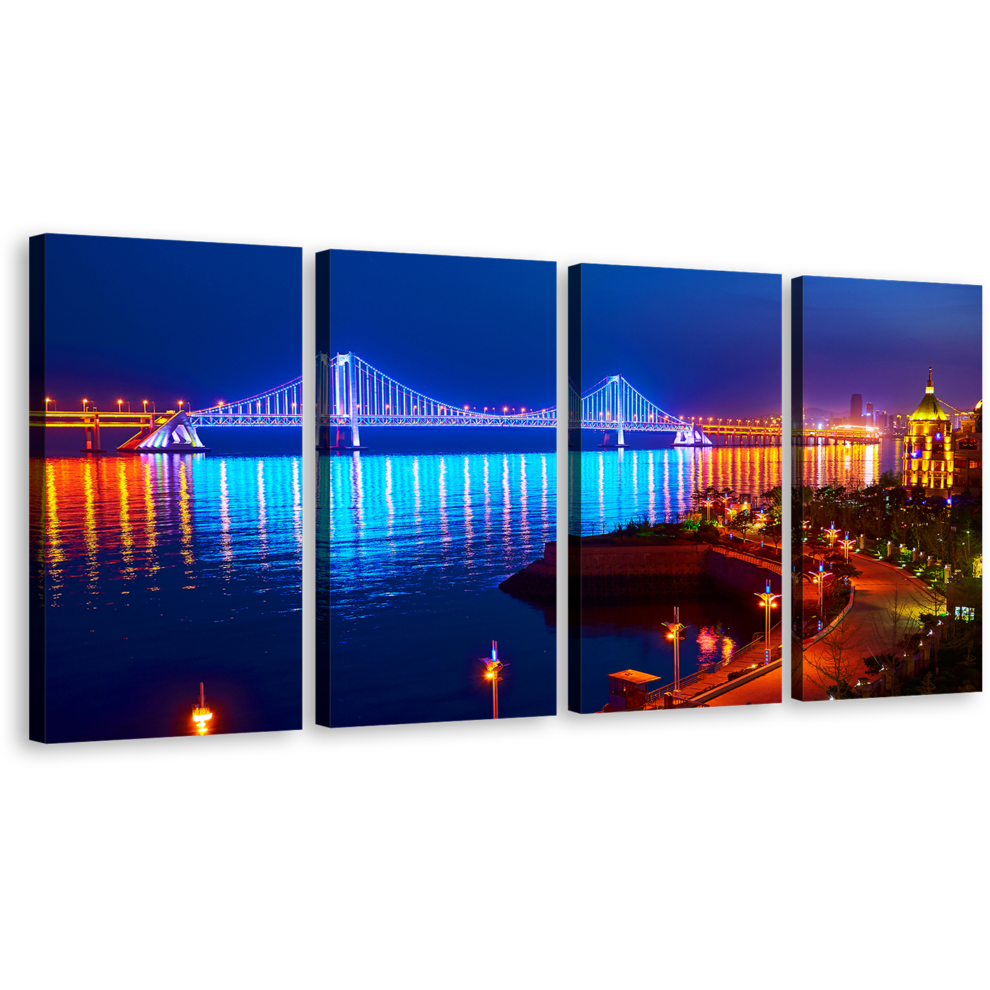 Dalian Bridge Canvas Print, Blue City Bay Cross-Sea Bridge with Orange Night Lights Reflection 4 Piece Canvas Wall Art