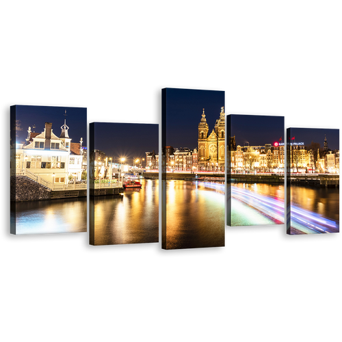 Damrak Canals Canvas Print, Yellow Harbors City Lights Reflection Canvas Set, Blue Sky Amsterdam Central 5 Piece Canvas Wall Art