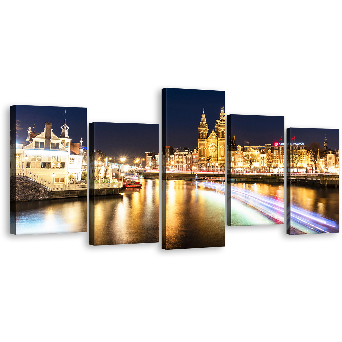 Damrak Canals Canvas Print, Yellow Harbors City Lights Reflection Canvas Set, Blue Sky Amsterdam Central 5 Piece Canvas Wall Art