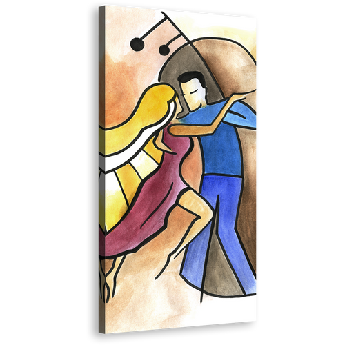 Dancing Couple Canvas Wall Art, Yellow Abstract Piano and Contrabass Vertical Canvas Print, Blue Couple Dancing Music Tall Canvas Artwork