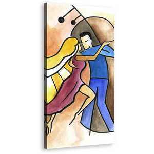 Dancing Couple Canvas Wall Art, Yellow Abstract Piano and Contrabass Vertical Canvas Print, Blue Couple Dancing Music Tall Canvas Artwork