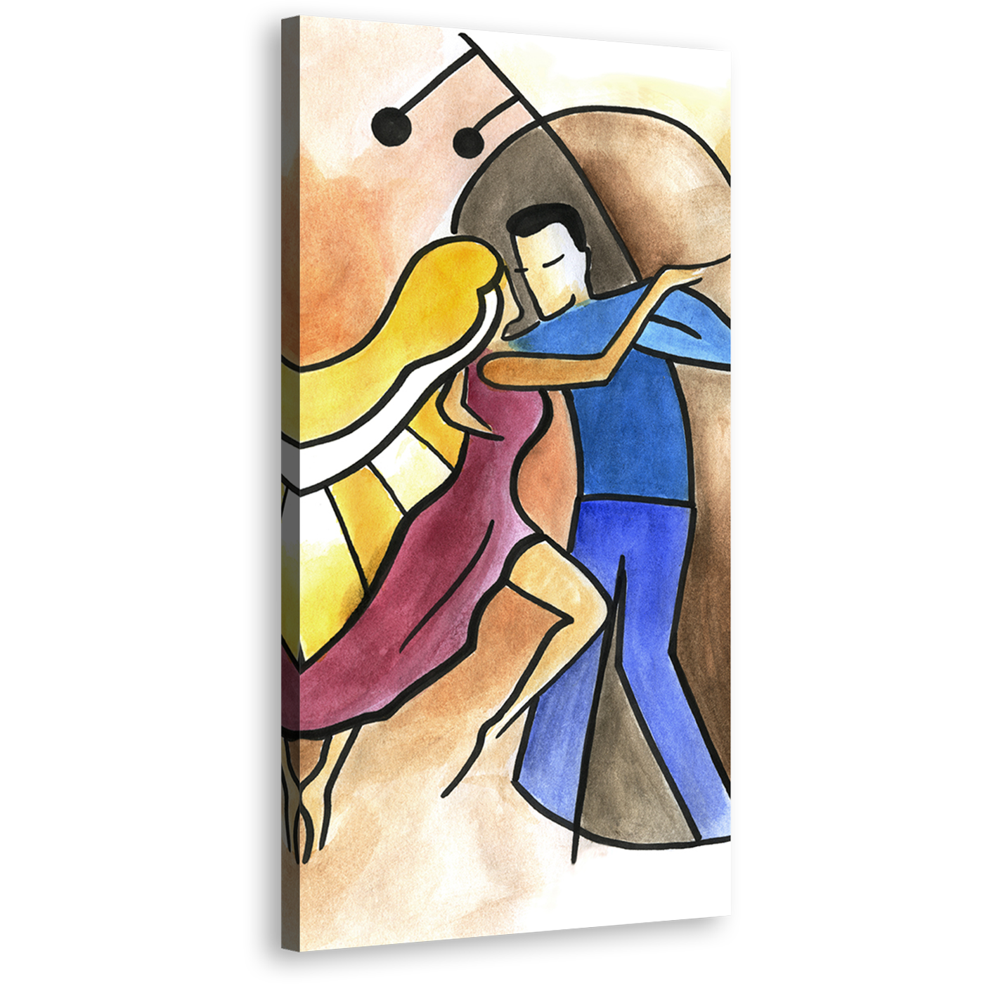 Dancing Couple Canvas Wall Art, Yellow Abstract Piano and Contrabass Vertical Canvas Print, Blue Couple Dancing Music Tall Canvas Artwork