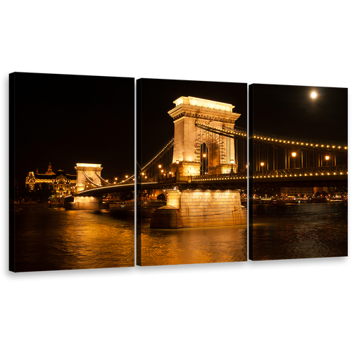 Danube River Wall Art, Black Budapest Nighttime Splendor Széchenyi Chain Bridge Triptych 3 Piece Canvas Multi-panel Print