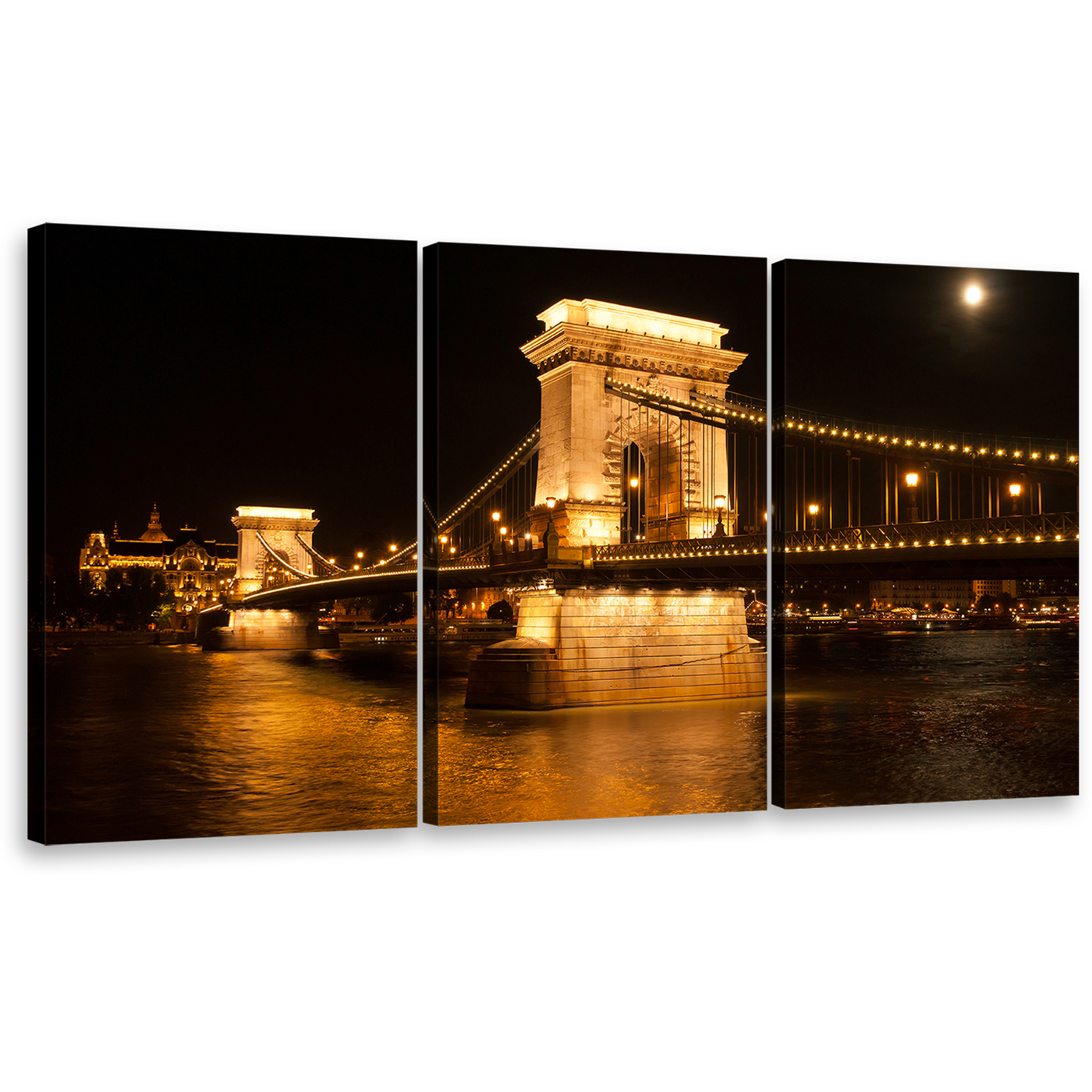 Danube River Wall Art, Black Budapest Nighttime Splendor Széchenyi Chain Bridge Triptych 3 Piece Canvas Multi-panel Print