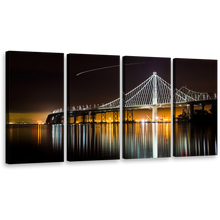 Load image into Gallery viewer, Dawn Lake Canvas Wall Art, Majestic Orange City Bridge Reflection 4 Piece Multi Canvas, Black East Spain Bridge Canvas Print
