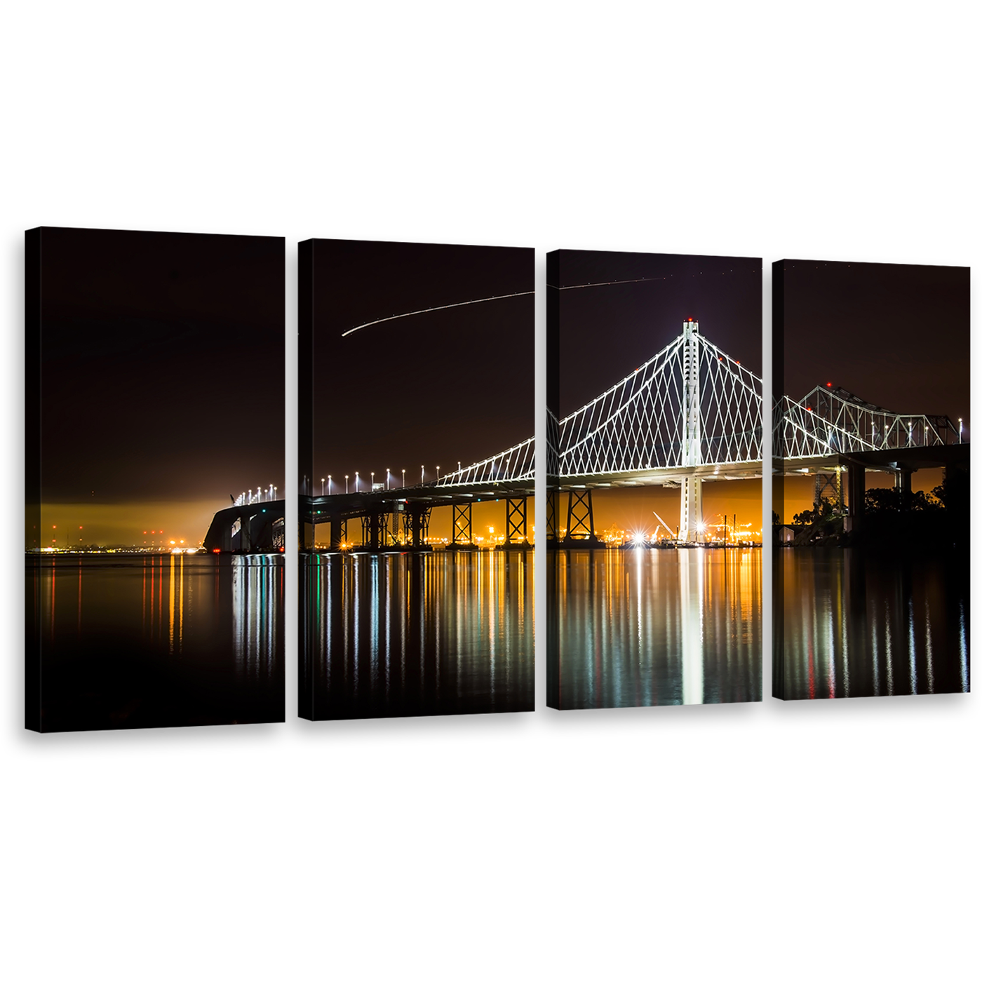 Dawn Lake Canvas Wall Art, Majestic Orange City Bridge Reflection 4 Piece Multi Canvas, Black East Spain Bridge Canvas Print