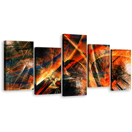 Deep Abstract Canvas Wall Art, Black Orange Abstract Fractal 5 Piece Canvas Print, Fractal Abstraction Canvas Set