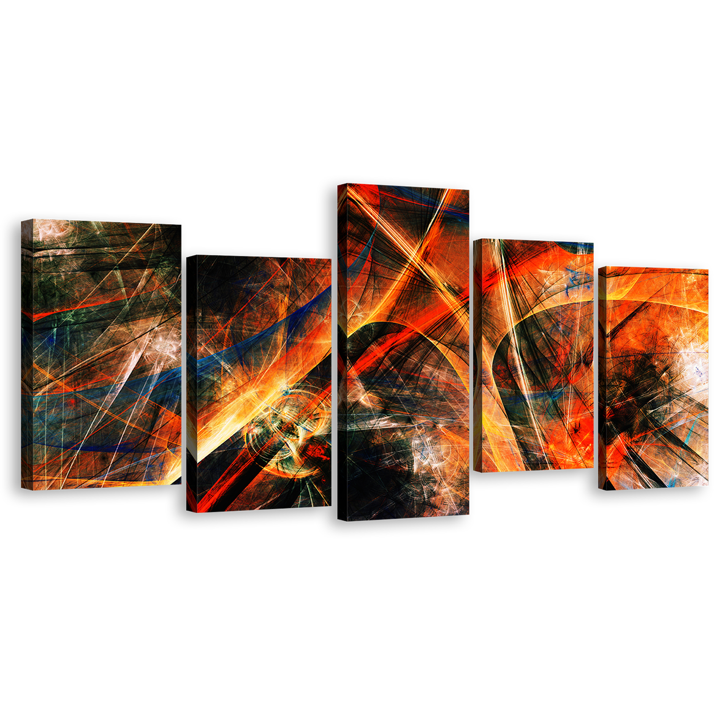 Deep Abstract Canvas Wall Art, Black Orange Abstract Fractal 5 Piece Canvas Print, Fractal Abstraction Canvas Set