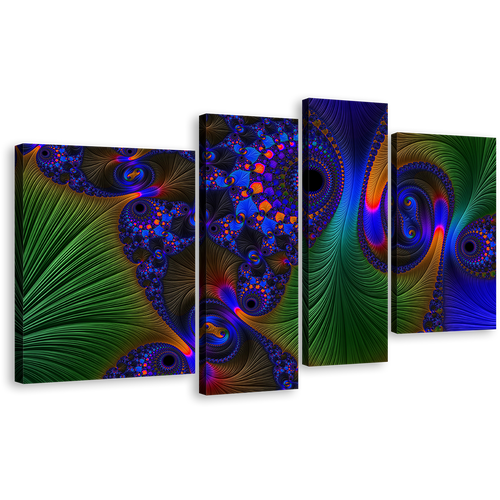 Deep Abstract Canvas Wall Art, Blue Green Fractal Abstraction 4 Piece Canvas, Abstract Digital Painting Canvas Set, Vibrant Abstract Canvas Print