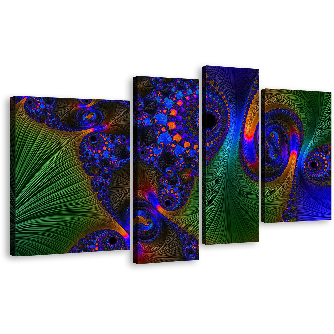 Deep Abstract Canvas Wall Art, Blue Green Fractal Abstraction 4 Piece Canvas, Abstract Digital Painting Canvas Set, Vibrant Abstract Canvas Print