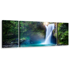 Load image into Gallery viewer, Deep Forest Canvas Wall Art, Beautiful Green Nature Water Scene Canvas Print, White Waterfall Paradise 3 Piece Multi Canvas Artwork
