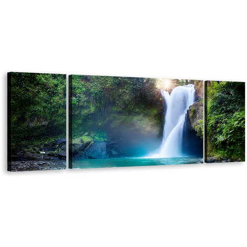 Deep Forest Canvas Wall Art, Beautiful Green Nature Water Scene Canvas Print, White Waterfall Paradise 3 Piece Multi Canvas Artwork