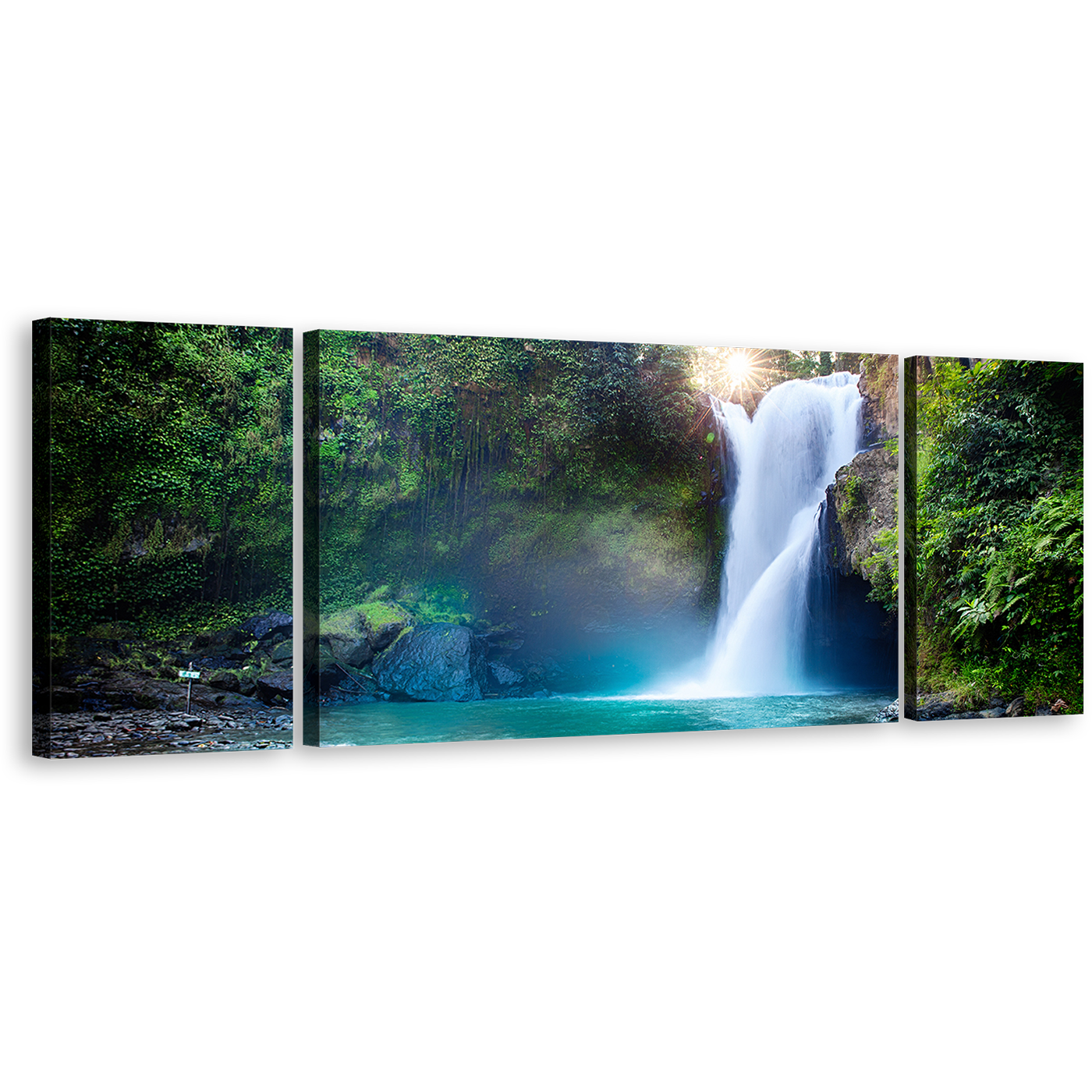 Deep Forest Canvas Wall Art, Beautiful Green Nature Water Scene Canvas Print, White Waterfall Paradise 3 Piece Multi Canvas Artwork