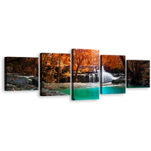 Load image into Gallery viewer, Deep Rainforest Canvas Wall Art, Thailand Orange Forest Waterfall 5 Piece Canvas, White Mae Kamin Waterfall Canvas Print
