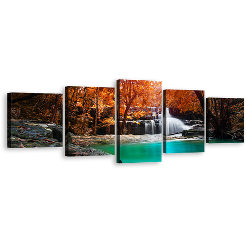 Deep Rainforest Canvas Wall Art, Thailand Orange Forest Waterfall 5 Piece Canvas, White Mae Kamin Waterfall Canvas Print