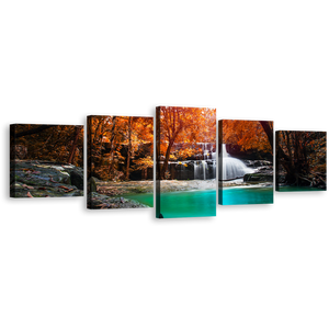 Deep Rainforest Canvas Wall Art, Thailand Orange Forest Waterfall 5 Piece Canvas, White Mae Kamin Waterfall Canvas Print