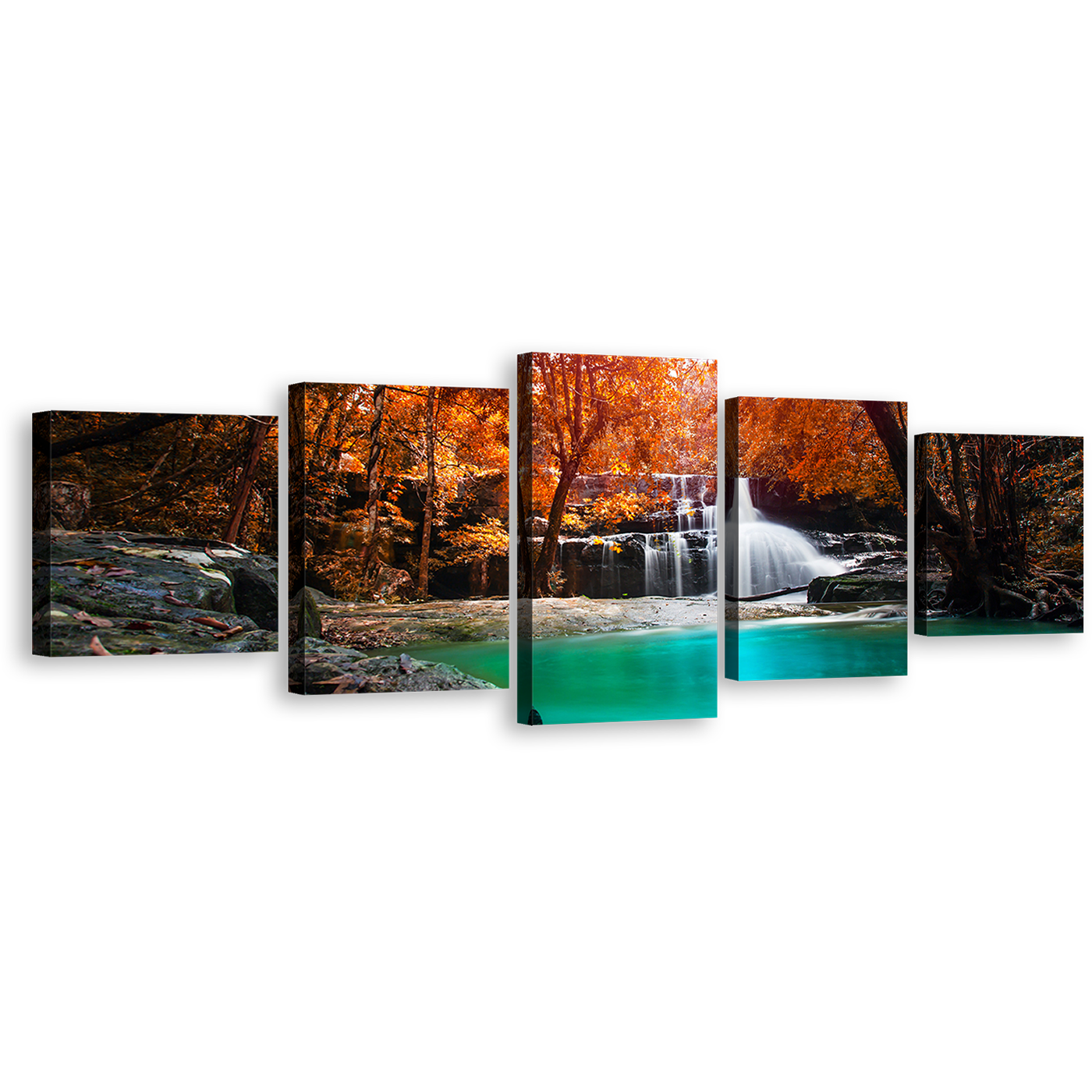 Deep Rainforest Canvas Wall Art, Thailand Orange Forest Waterfall 5 Piece Canvas, White Mae Kamin Waterfall Canvas Print