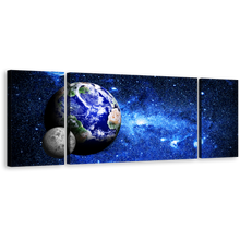 Load image into Gallery viewer, Deep Space Canvas Wall Art, Blue Galaxy Grey Moon 3 Piece Canvas Print, Blue Planet Earth World Map Triptych Canvas Set
