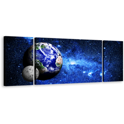 Deep Space Canvas Wall Art, Blue Galaxy Grey Moon 3 Piece Canvas Print, Blue Planet Earth World Map Triptych Canvas Set