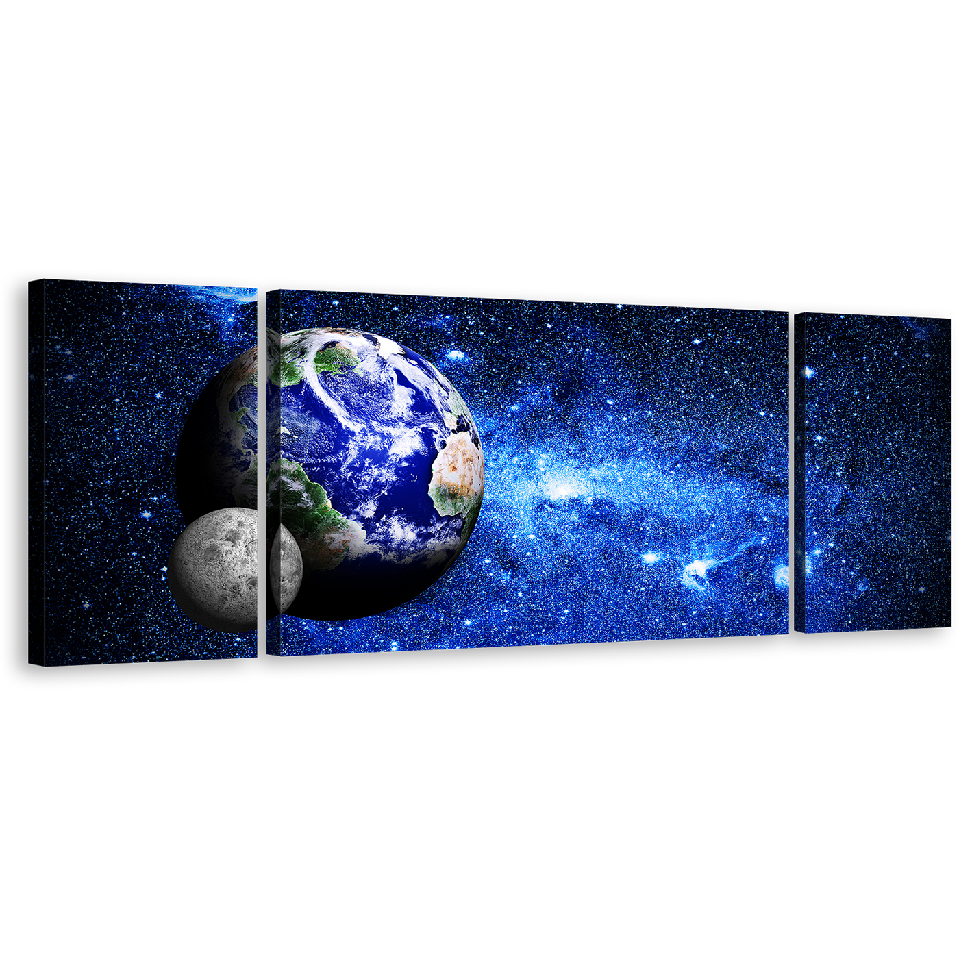 Deep Space Canvas Wall Art, Blue Galaxy Grey Moon 3 Piece Canvas Print, Blue Planet Earth World Map Triptych Canvas Set