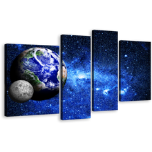 Load image into Gallery viewer, Deep Space Canvas Wall Art, Blue Planet Earth World Map Multi Canvas, Blue Galaxy Grey Moon 4 Piece Canvas Print
