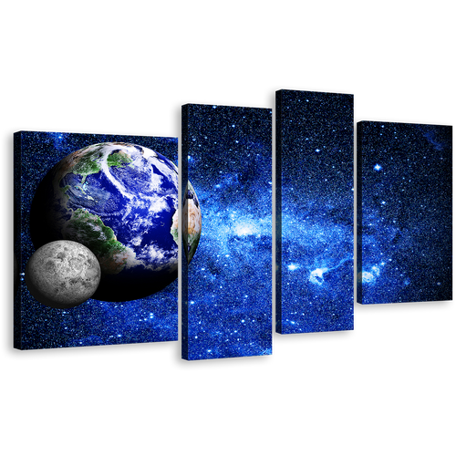 Deep Space Canvas Wall Art, Blue Planet Earth World Map Multi Canvas, Blue Galaxy Grey Moon 4 Piece Canvas Print