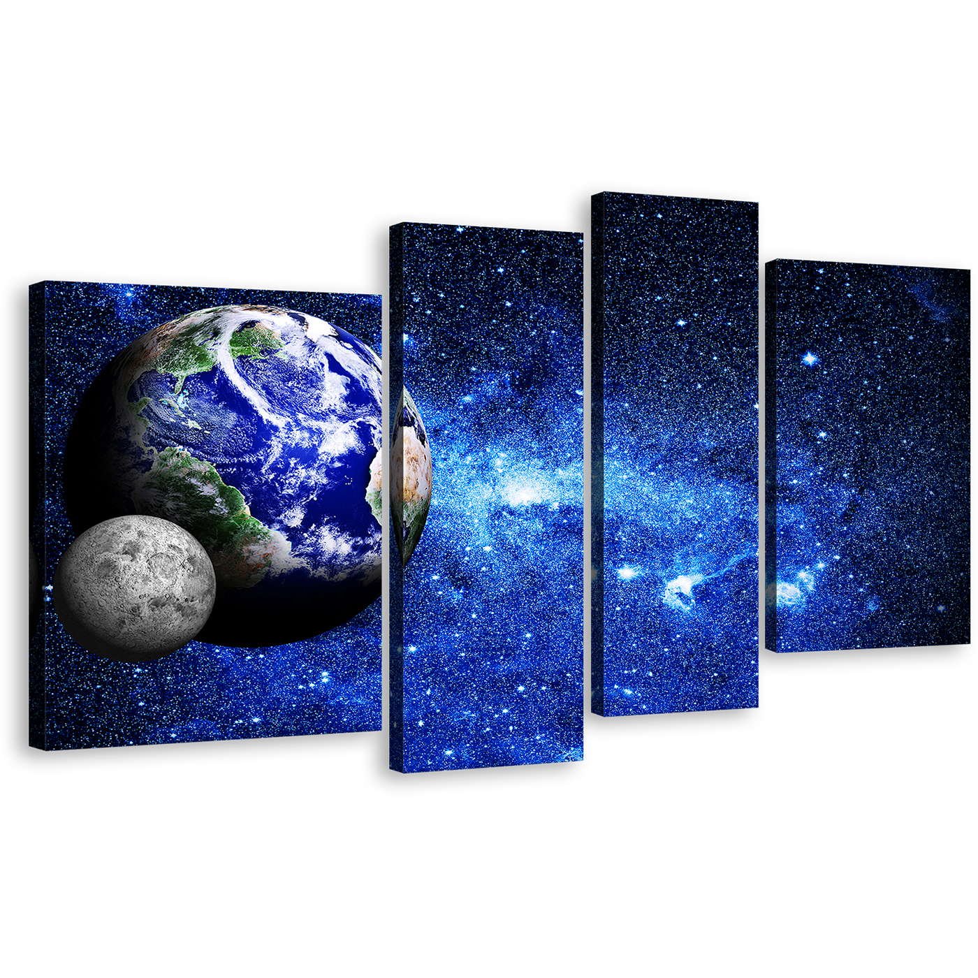 Deep Space Canvas Wall Art, Blue Planet Earth World Map Multi Canvas, Blue Galaxy Grey Moon 4 Piece Canvas Print