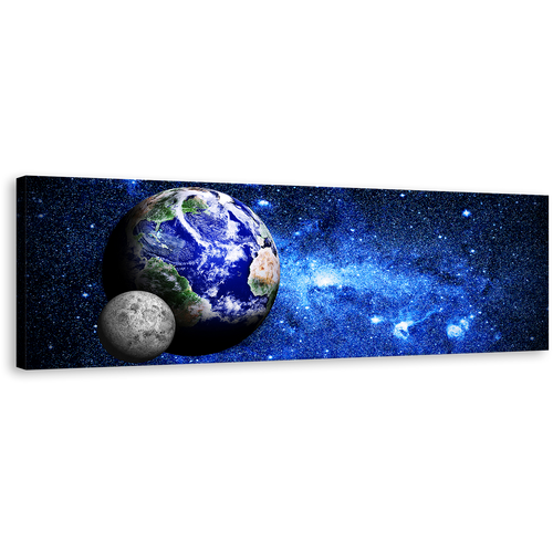 Deep Space Canvas Wall Art, Blue Planet Earth World Map Panoramic Canvas Print, Blue Galaxy Grey Moon 1 Piece Canvas Artwork