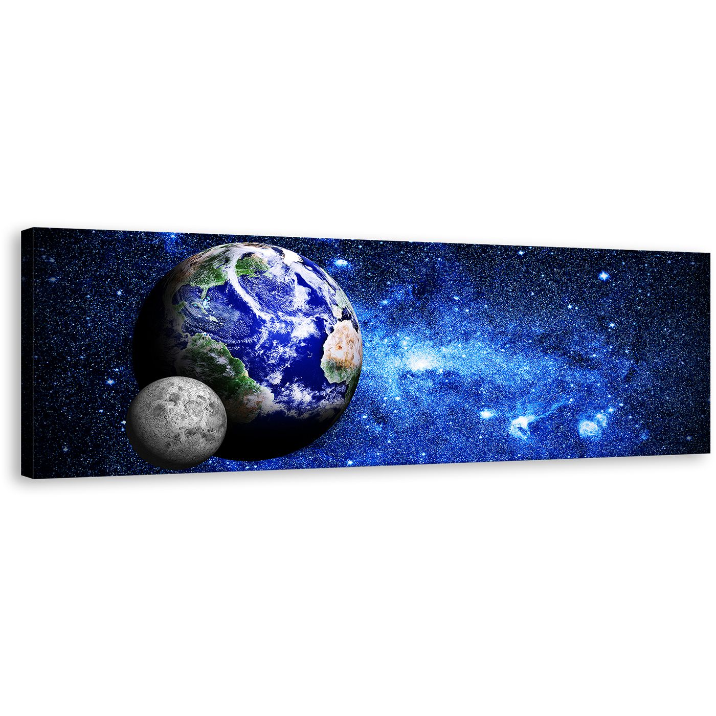 Deep Space Canvas Wall Art, Blue Planet Earth World Map Panoramic Canvas Print, Blue Galaxy Grey Moon 1 Piece Canvas Artwork