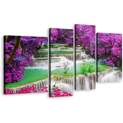 Deep Waterfall Canvas Wall Art, Colorful Huay Mae Kamin Waterfall Canvas Set, Thailand Rainforest Waterfall 4 Piece Canvas Print