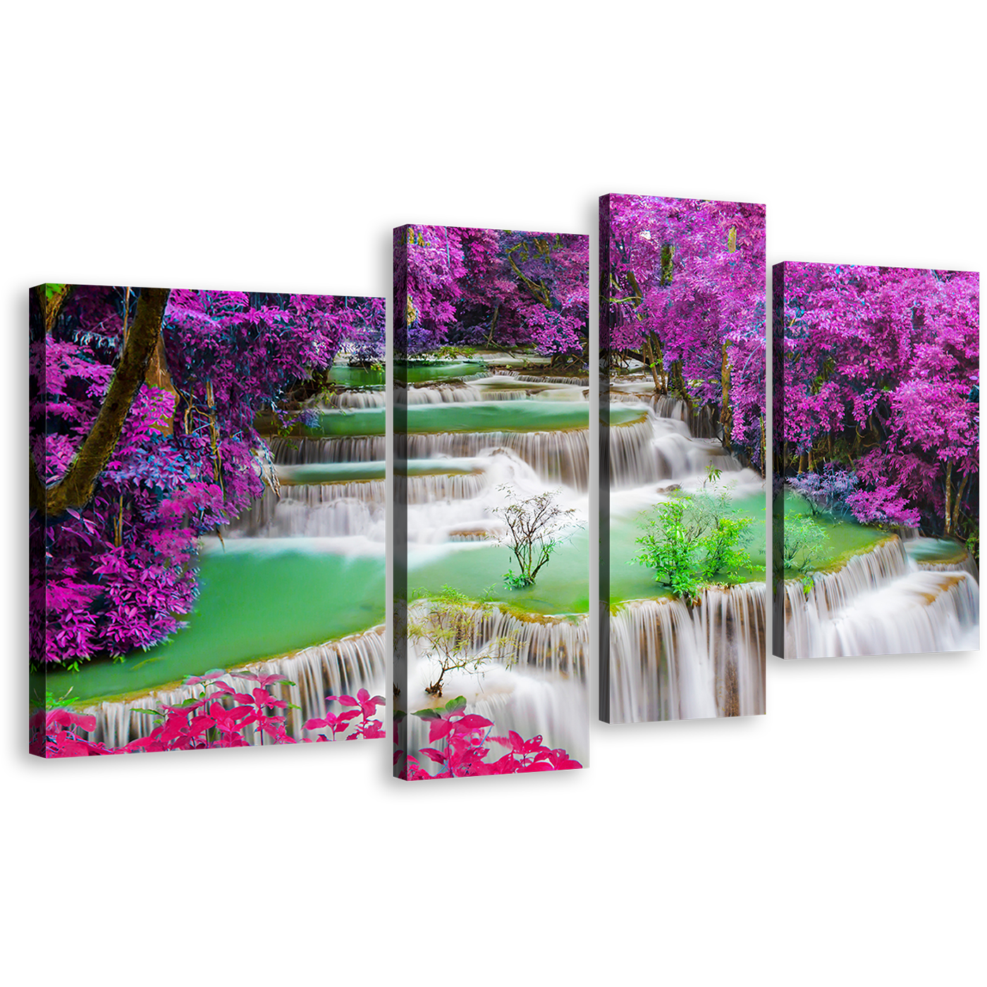 Deep Waterfall Canvas Wall Art, Colorful Huay Mae Kamin Waterfall Canvas Set, Thailand Rainforest Waterfall 4 Piece Canvas Print