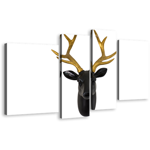 Deer Head Canvas Wall Art, Brown Deer Horns 4 Piece Canvas Print, Black Deer Multiple Canvas