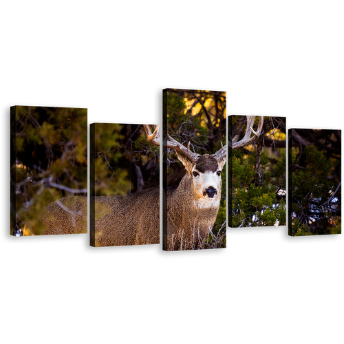 Deer Nature Canvas Print, Mule Deer Green Scenery 5 Piece Canvas Wall Art, Brown Deer Wildlife Multiple Canvas