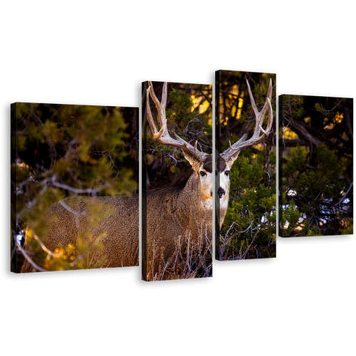 Deer Scenery Canvas Wall Art, Brown Mule Deer Staring 4 Piece Canvas Print, Deer Green Nature Canvas Set