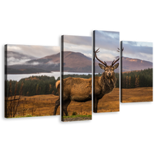 Load image into Gallery viewer, Deer Scenery Canvas Wall Art, Eka in Orange Green Nature Multiple Canvas, Brown Stag landscape Portrait 4 Piece Multi Canvas
