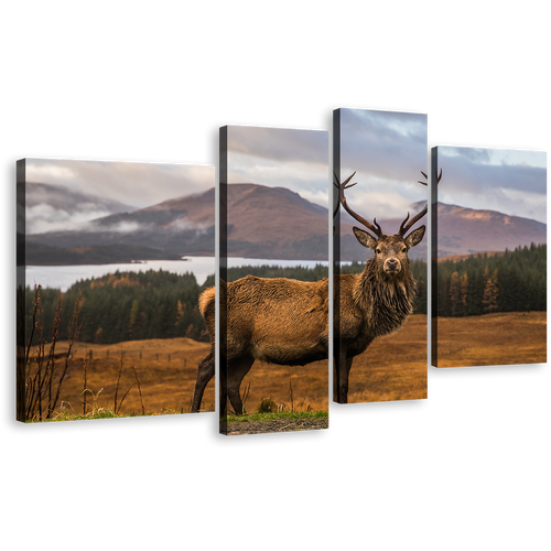 Deer Scenery Canvas Wall Art, Eka in Orange Green Nature Multiple Canvas, Brown Stag landscape Portrait 4 Piece Multi Canvas