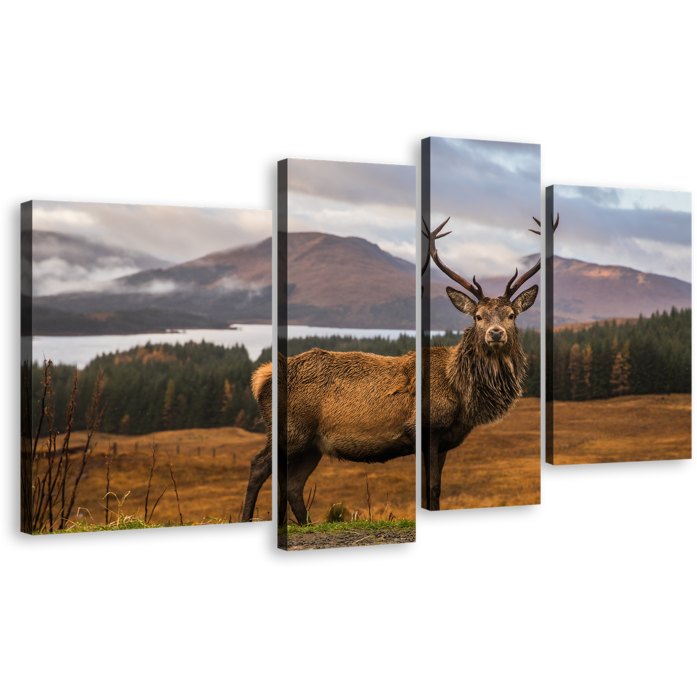 Deer Scenery Canvas Wall Art, Eka in Orange Green Nature Multiple Canvas, Brown Stag landscape Portrait 4 Piece Multi Canvas