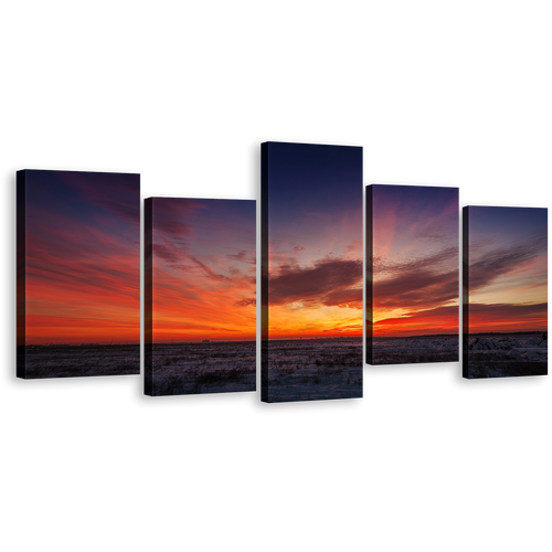 Desert Landscape Canvas Wall Art, Grey Orange Sunset View 5 Piece Canvas Print