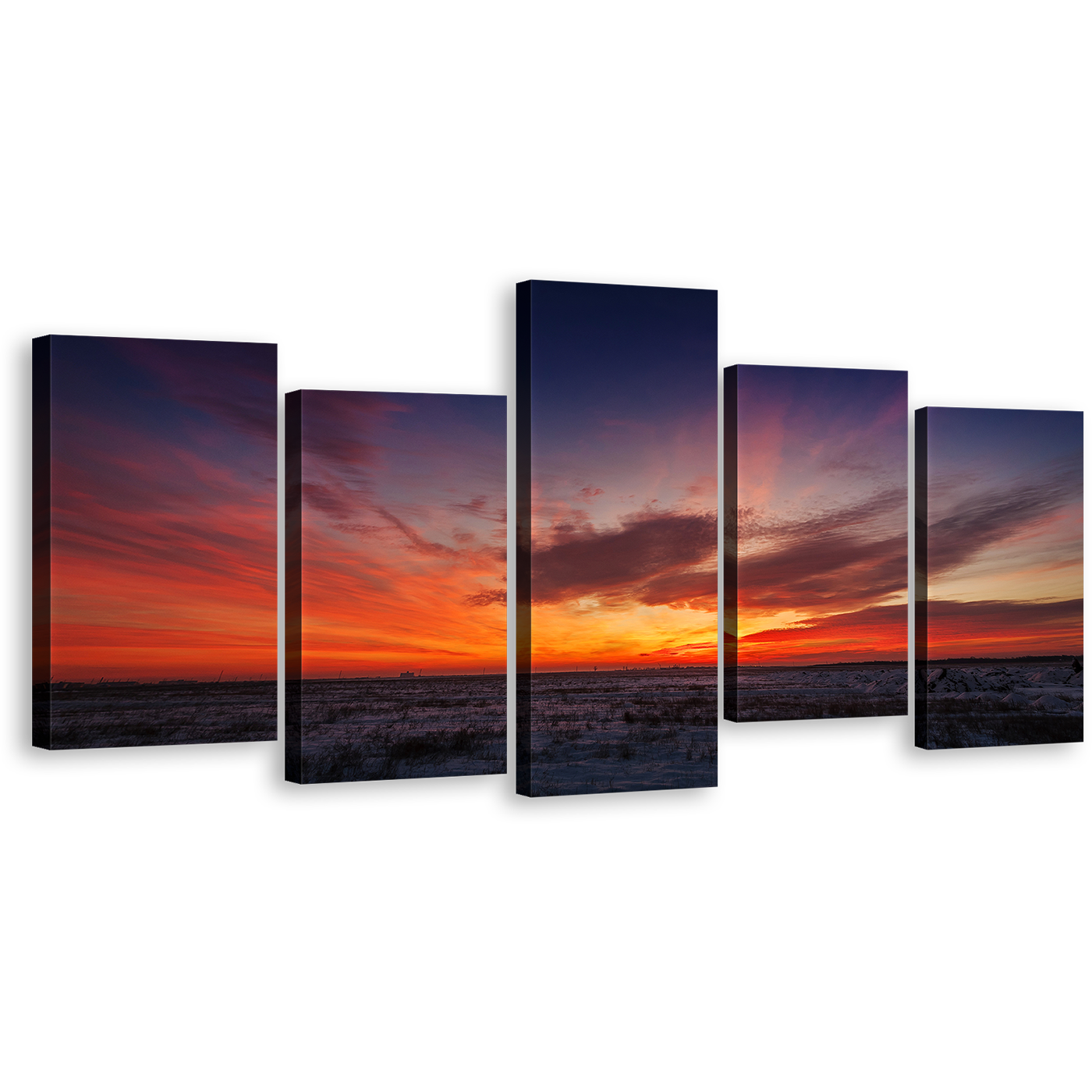 Desert Landscape Canvas Wall Art, Grey Orange Sunset View 5 Piece Canvas Print