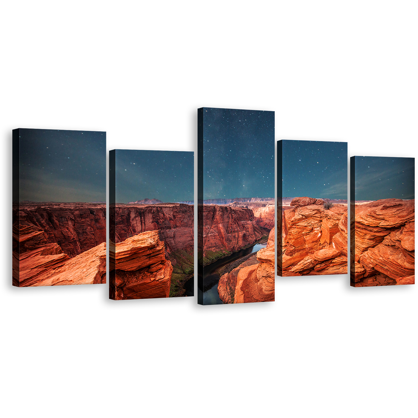 Desert Serenity Wall Art, Amazing Blue Starry Sky Multiple Canvas, Orange Grand Canyon 5 Piece Canvas Print