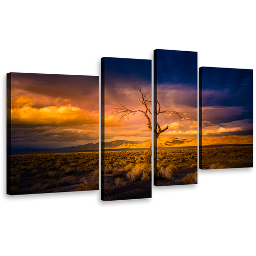 Desert Twilight Canvas Print, Beautiful Yellow Pyramid Nevada Wall Art, Alone Tree at Orange Sunset Desert 4 Piece Multi Canvas