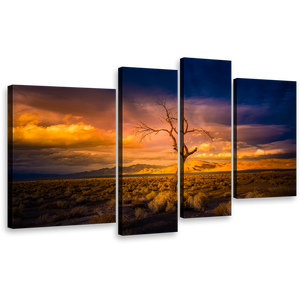Desert Twilight Canvas Print, Beautiful Yellow Pyramid Nevada Wall Art, Alone Tree at Orange Sunset Desert 4 Piece Multi Canvas