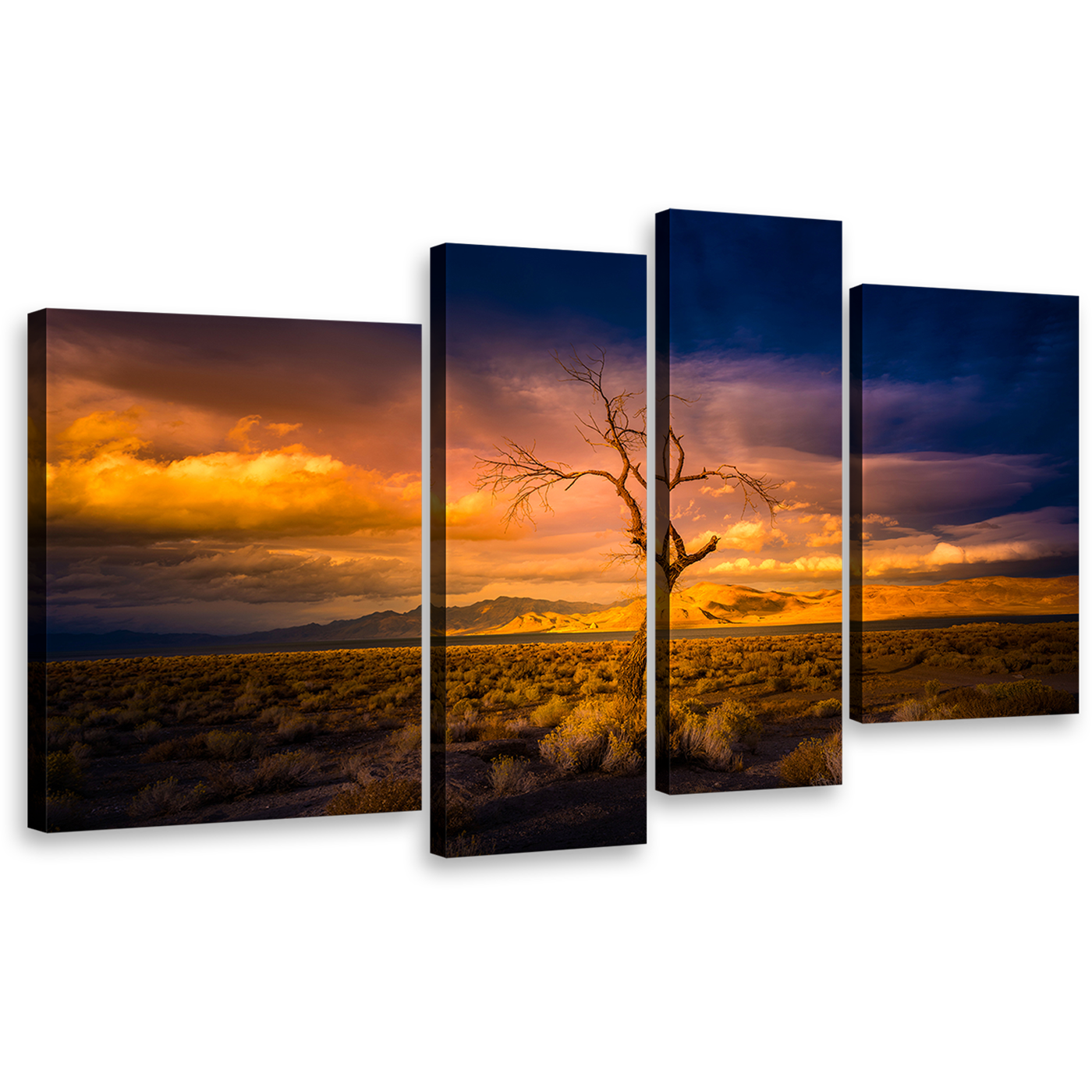 Desert Twilight Canvas Print, Beautiful Yellow Pyramid Nevada Wall Art, Alone Tree at Orange Sunset Desert 4 Piece Multi Canvas