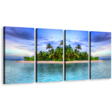 Load image into Gallery viewer, Deserted Beach Canvas Wall Art, Green Palm Trees Tropical Island Canvas Print, Blue Sky Ocean Beaches 4 Piece Canvas
