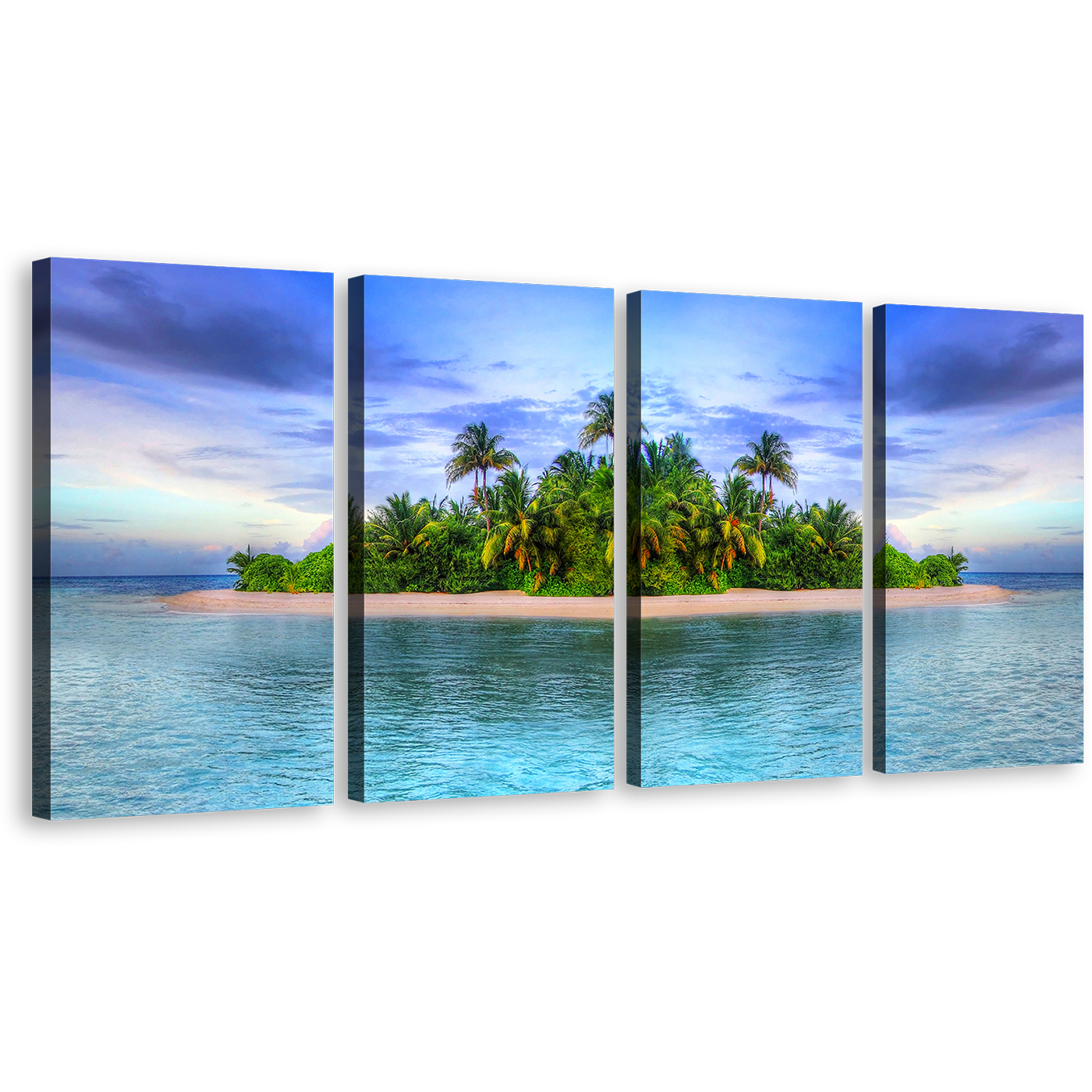 Deserted Beach Canvas Wall Art, Green Palm Trees Tropical Island Canvas Print, Blue Sky Ocean Beaches 4 Piece Canvas